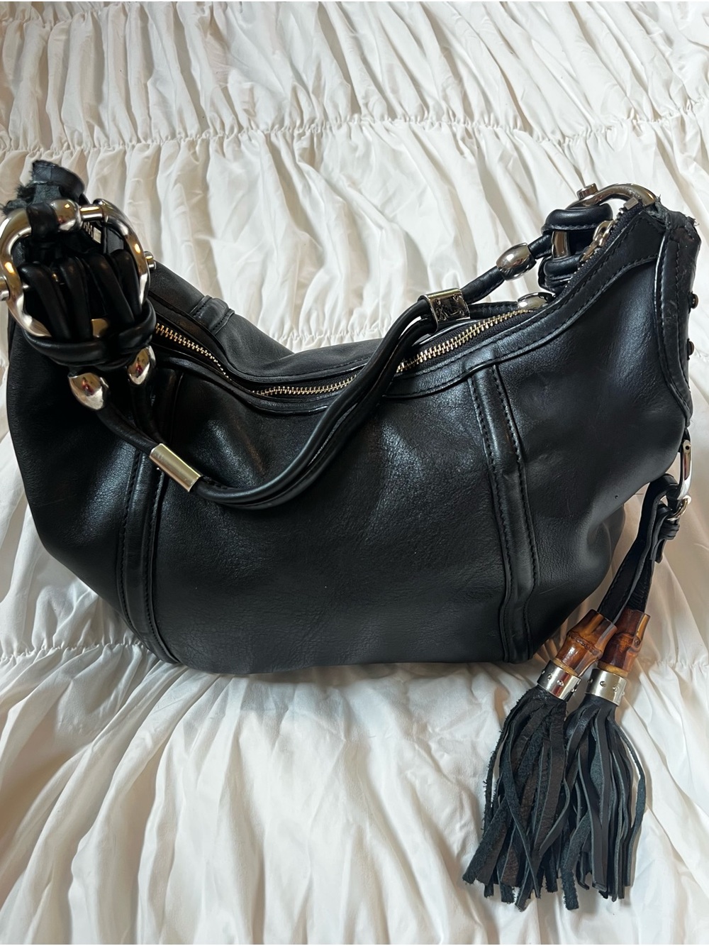 Gucci Black Leather Hobo with Tassel Detailing